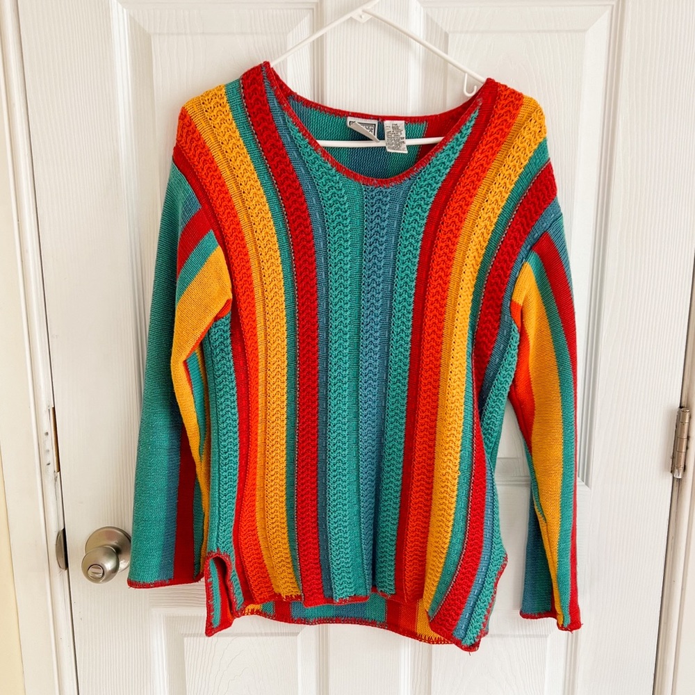 Vintage ❤️💙💛 Size Petite Medium Cable Knit Women’s Sweater, Red Yellow & Blue